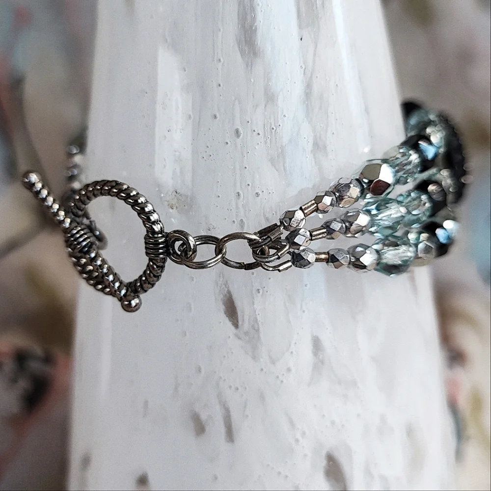 Glass Button Icy Blue Beaded Silver Tone Triple Strand Toggle Clasp Bracelet